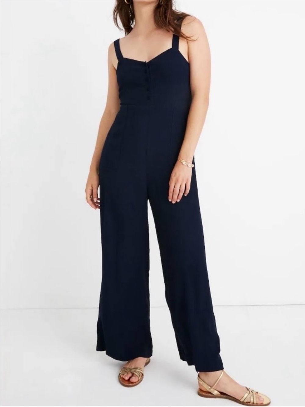 Madewell Button-Front Cropped Wide-Leg Jumpsuit Navy Women’s Size 10
